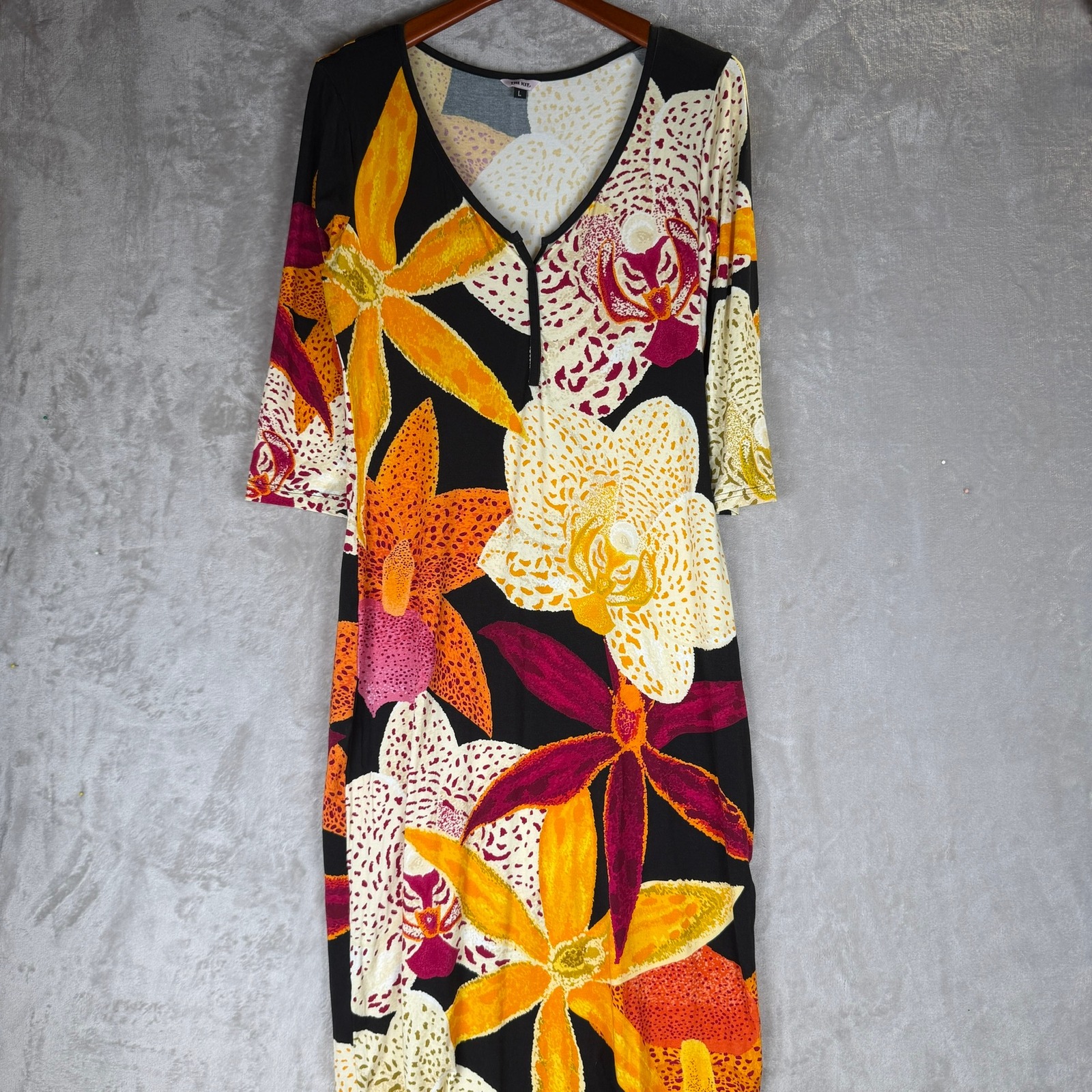 The Kit. Womens Large Black Orange Floral Orchid V-Neck 3/4 Sleeve Sheath Dress